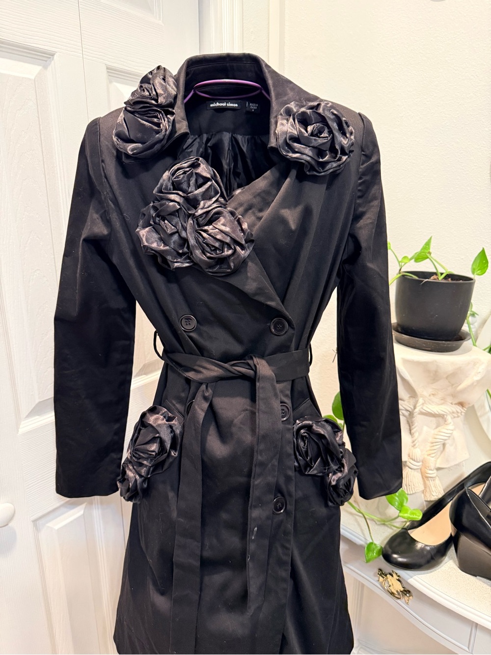 Michael Simon Black Floral Rosette Trench Coat Dress